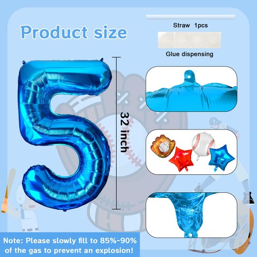 Lukinuo Baseball Balloons 5th Birthday Decorations Baseball Birthday Party Supplies Glove Baseball Foil Balloons Red White and Blue Star Balloons Number 5 Baseball Balloon for Rookie of The Year Boys