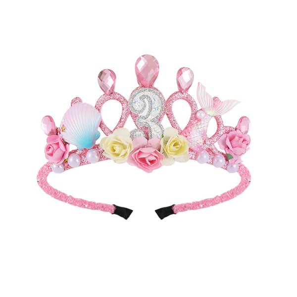 3th Birthday Crown for Girls, 3th Birthday Headband for Girls, 3th Birthday Tiara for Girls 3th Birthday Decoration for Girls Happy Birthday Tiara Crown with Mermaid for Girls 3 Year Old Disposable