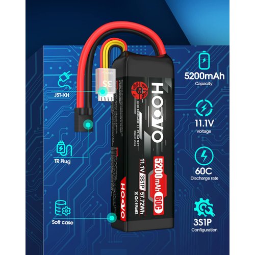HOOVO 11.1V 3S LiPo Battery 5200mAh 60C with Tr Plug for RC Car RC Truck Airplane Helicopter Boat Car Racing RC Hobby (2 Packs