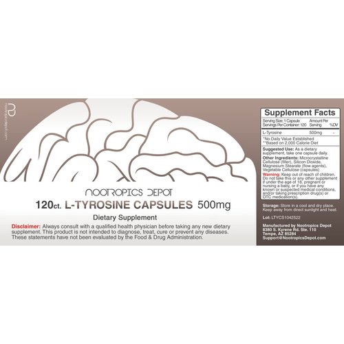 Nootropics Depot L-Tyrosine Capsules | 500mg | 120 Count | Amino Acid Supplement | Supports Healthy Stress Levels | Boosts Energy | Promotes Mental Alertness, Focus and Clarity