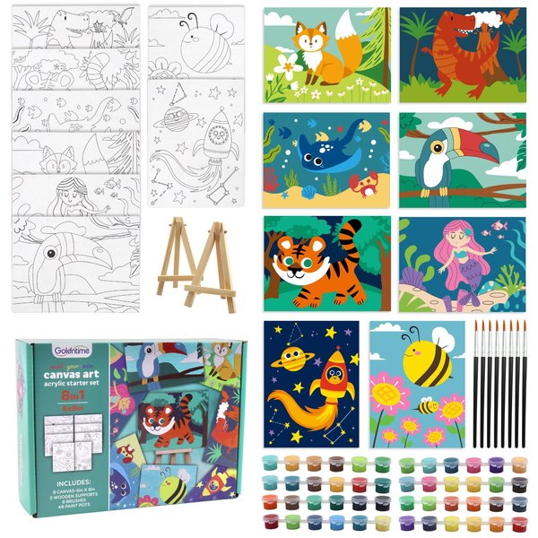 8 Packs Predrawn Canvas for Painting Kids Painting Canvas for Kids Painting Kits for Kids 4-8, 48 Paints, 8 Brushes 2 Easels, 8 6x8 Printed Canvas to Paint for Girls Boys and Beginners