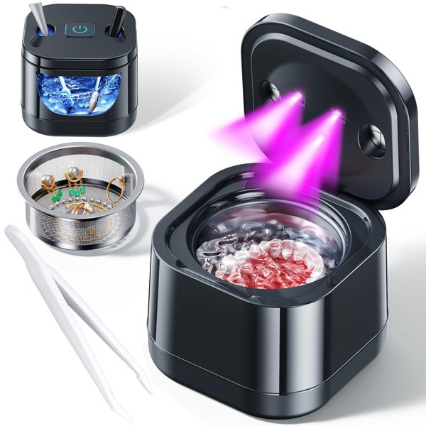Ultrasonic Retainer Cleaner Machine - Ultrasonic U-V Cleaner for Dentures ligner, Mouth Guards, Braces, Toothbrush Heads, 45kHz Ultrasonic Retainer Cleaner for All Dental Appliances, Jewelry - Black