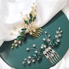 Brihasory Bohe Green Wedding Bridal Hair Comb Rhinestone Hair Accessories for Brides Flower Headpiece Romantic Hair Ornaments Prom Tiaras for Girls and Women Valentine Bridesmaid Gifts(Gold Green)