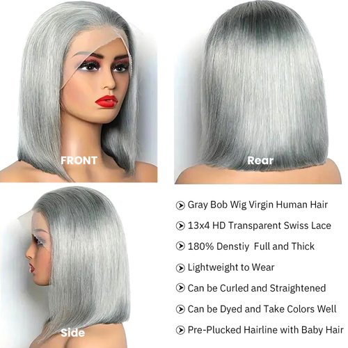 Grey Bob Wig Human Hair Lace Front Wigs 13x4 HD Lace Front Wigs Human Hair Pre Plucked Glueless Lace Bob Wigs 8 Inch 180% Density Short Bob Wig Middle Part Brazilian Virgin Human Hair Wigs for Women