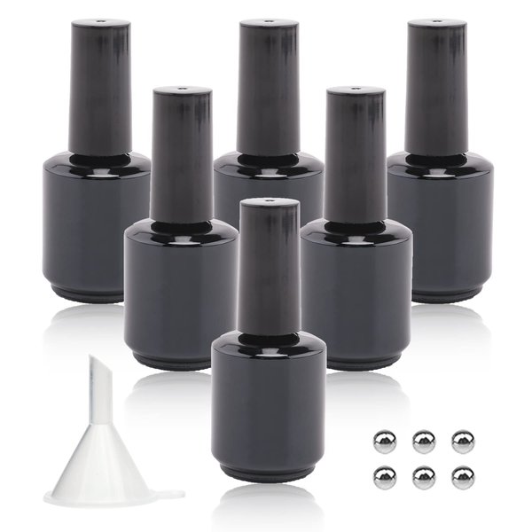 Agidea Empty Gel Nail Polish Bottles, 15ML Empty Nail Polish Bottles with Brush Black, Opaque Round Refillable Fingernail Polish Bottles UV Safe with Mixing Balls & Funnels, Pack of 6