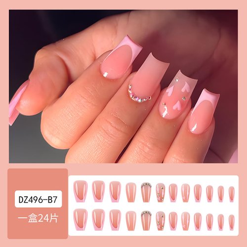French Tip Press on Nails Medium Coffin Fake Nails with Heart Designs Pink Glue on Nails Cute Full Cover False Nails Rhinestone Acrylic Nails Glossy Stick on Nails for Women Nail Art Decorations