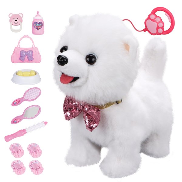 ZGZBLOCK Plush Toy Dog for Kids with Remote Control Leash,Interactive Electronic Pets Toys Dog,Walking,Tongue Out,Dog Call & Wagging Tail,Includes Toy Dog Accessories (933-154E-White Dog)