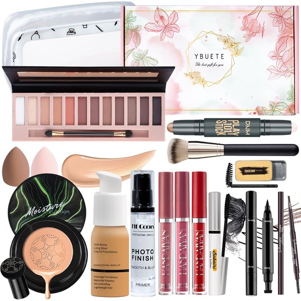 YBUETE Makeup Kit Set for Women, Makeup Present for Women Teens Girl, Eyeshadow Palette Foundation CC Cream Primer Brush Spong Contour Lipstick Eyebrow Soap Mascara Eyeliner Cosmetic bag