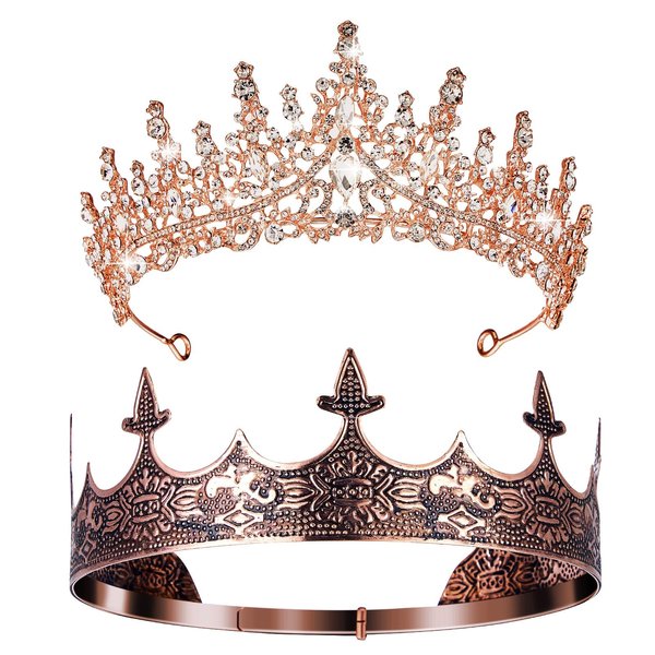 2 Pcs Antique Royal King Crown for Men Baroque Queen Crown for Wedding Birthday Women Crystal Tiara Prom Accessories Graduation Costume Party Hair Accessories(Novel Style)
