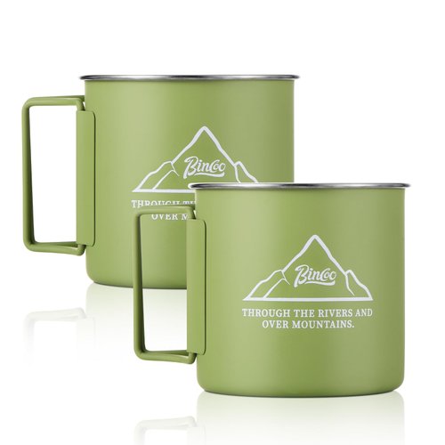 Bincoo 304 Stainless Steel Camping Cups Set of 2 - Enamel Coffee Mugs with Foldable Handles for Camping, Hiking, and Picnic, 10oz Capacity, Eco-Friendly and Sturdy. (Green)
