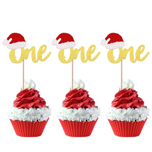 Rsstarxi 24 Pack Christmas 1st Birthday Cupcake Toppers Glitter Xmas Hat One Cupcake Picks Merry Christmas Cake Decorations for Christmas Theme Baby Shower Kids First Birthday Party Supplies Gold
