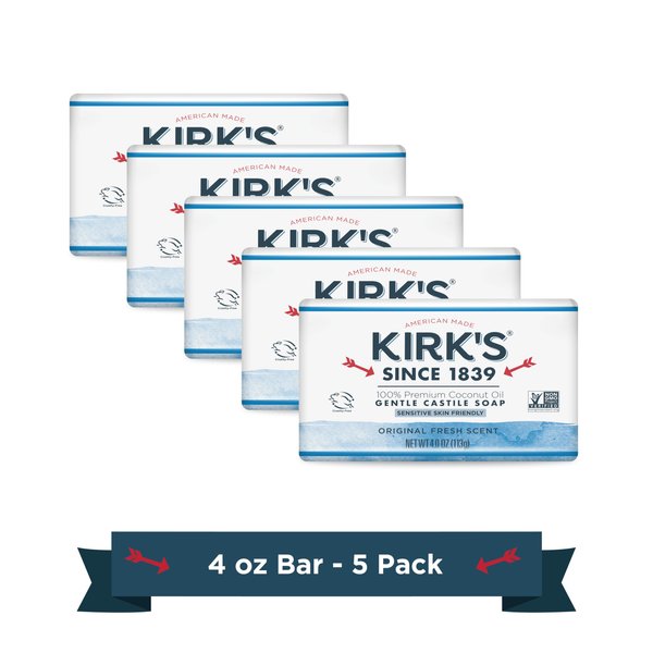 Kirk's Castile Bar Soap Clean Soap for Men, Women & Children| Premium Coconut Oil | Sensitive Skin Formula, Vegan | Original Fresh Scent | 4 oz. Bars - 5 Pack