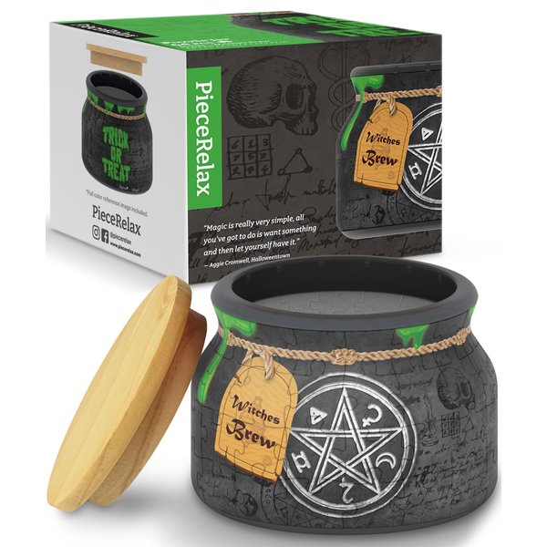 PieceRelax 3D Puzzle Jar 64 Plastic Pieces for Adults - Witches Brew - Wooden Lid Container for Kitchen Dining Study Living Room No Glue Requied Small [BC1022]