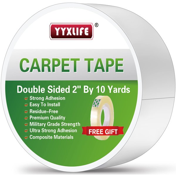 YYXLIFE Double Sided Removable Rug Tape - Carpet Adhesive for Hardwood Floors, 2 Inch x 10 Yards, White