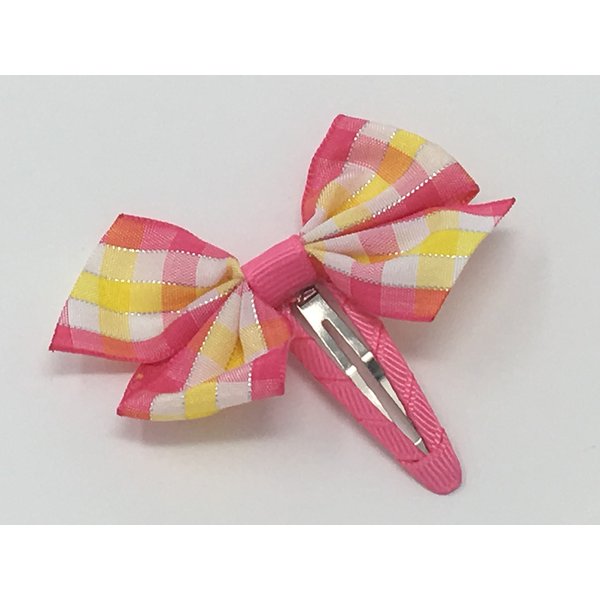 Snap Clip, Hair Bow, Pink Yellow and White Hair Bow, Plaid Hair Bow