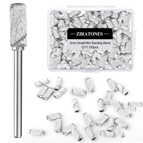 ZIRATONES 100 Pcs 3mm Professional Small Sanding Bands with Upgrade Design 3.1mm Mandrel Bit for Nail Drill,150# Medium Grit Nail File for Acrylic Nails Gel Manicures and Pedicure