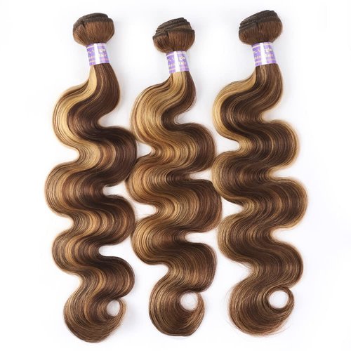 Allove Ombre Highlight Brazilian Hair Bundles Body Wave Human Hair Bundles, 3 Bundles 10a 100% Virgin Human Hair Extensions Bundles Piano Color 4/27 (22 24 26inch)