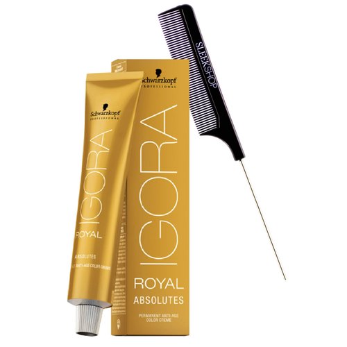 Schwarzköpf IGORA Royal Absolutes Permanent Hair Color Cream (w/ Sleekshop Comb) 100% Grey, White Coverage, Age Blend Creme Dye (9-560 Extra Light Blonde Gold Chocolate)