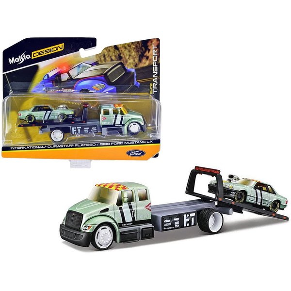 Maisto International DuraStar Flatbed Truck #17 and 1988 Ford Mustang LX #17 Light Green Metallic with Stripes and Graphics Elite Transport Series 1/64 Diecast Models