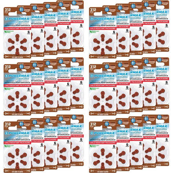 Powermax Size 312 Hearing Aid Batteries, Brown Long Tab for Easy Change, 180 Count