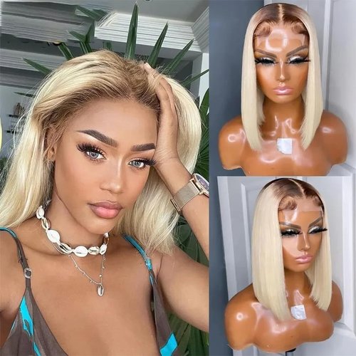 Msviki Wear and Go 5x5 Closure Wig 4/613 Ombre Honey Blonde Short Bob Wig Human Hair Wigs For Women Glueless Pre-cut Lace 3 Seconds Ready To Go Brazilian Hair 10 Inches