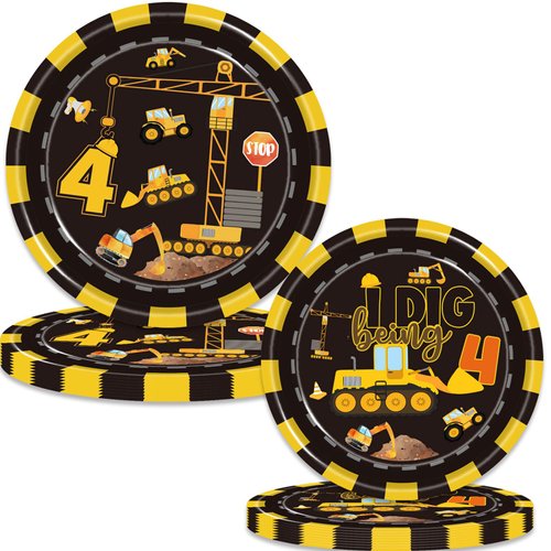 80 Pcs Construction 4th Birthday Party Supplies Dump Truck Theme Four Decorations Tableware Includes Plates, Napkins, Forks for Boys Construction Four Years Old Birthday Party Decorations Favors