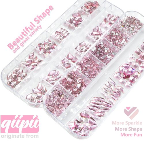 qiipii 24 Styles Pink Rhinestones Nail Crystals Multi Shapes Flatback Light Pink Gems Round Beads K9 Glass Stones Diamonds Jewels Nail Art Supplies Nail Charms for Nails Faces Eyes Makeup Crafts DIY