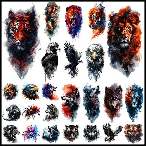 CHARLENT 25 Sheets Beast Temporary Tattoos for Men Adult - 12 Sheets Sleeve Arm Watercolor Lion Wolf Fake Tattoos,13 Sheets Tiger Eagle Tattoos For Men
