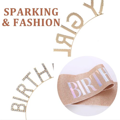 Ali Pearl Birthday Crowns for Women, Rose Gold Birthday Girl Sash & Birthday Tiara for Women Set, Glitter Headband Birthday Gifts for Women, Sweet Happy Birthday Decorations For Women