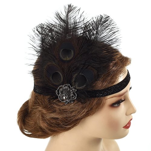 GENBREE 1920s Flapper Headband Black Feather Headpiece Gatsby Hair Band Cocktail Head Accessories for Women (Style 2)