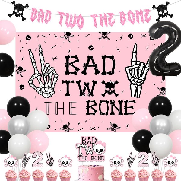 Jollyboom Bad Two the Bone Birthday Decoration Girl, Rock And Roll 2nd Birthday Party Decorations Backdrop Cake Cupcake Topper Banner Foil Number 2 Balloon for Girl Music Theme 2 Year Old Birthday