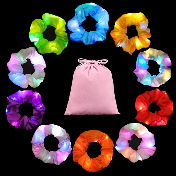 10PCS LED Fluorescent Light-Emitting Hair Scrunchies, Premium Led Light Hair Bands with Gift Bag, Girls Elastic Hair Ties Multi Light Modes, Glowing Hair Ring, Great Gift for Holiday Seasons Headwear