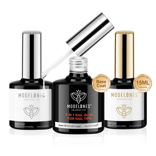modelones 4 in One Nail Glue with Gel Top and Base Coat Gel Nail Kit, No Wipe Base Coat Long Lasting Glossy Top Coat 3Pcs Gel Nail Glue for Nail Tips, Blooming Gel, Rhinestone Glue