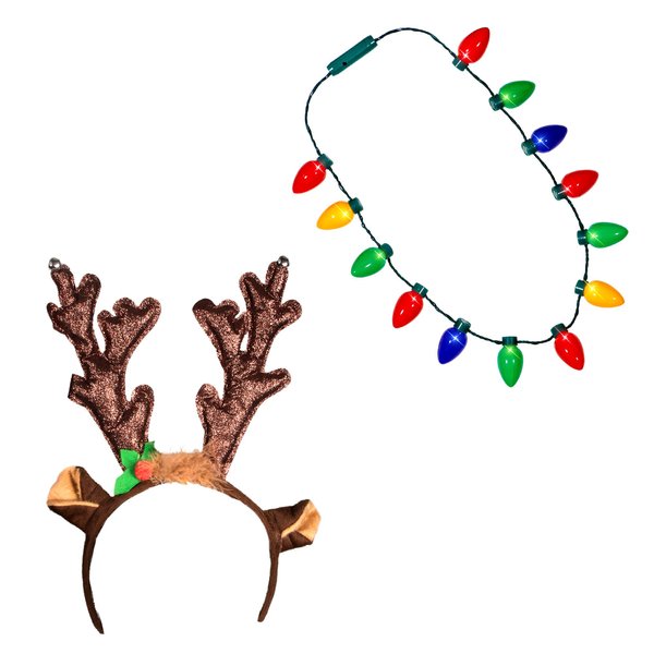Windy City Novelties Ugly Sweater Christmas Party Kit - Holiday Hat + LED Christmas Bulb Necklace Combo (LED Reindeer Headband + Necklace)