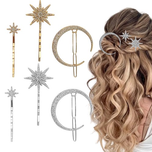 Generic Vintage Star Moon Hair Clips Metal Decorative Pins Retro Bride Wedding Hair Side Styling Accessories Glitter Hair Clip Women and Girls (Gold)(Silver)