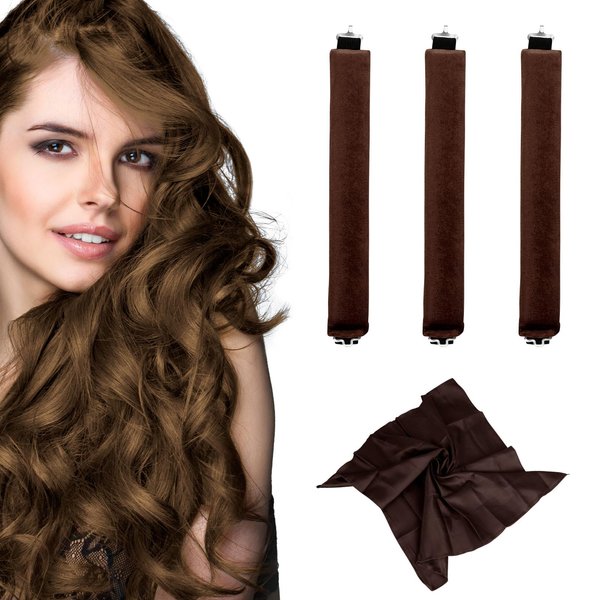 Hair Curling Rods 3PCS Jumbo Velvet Hair Curler Set Heatless Hair Roller Rods with Silk Headscarf for Women Hair Curling Volume Hair Blow out Hair Style Brown