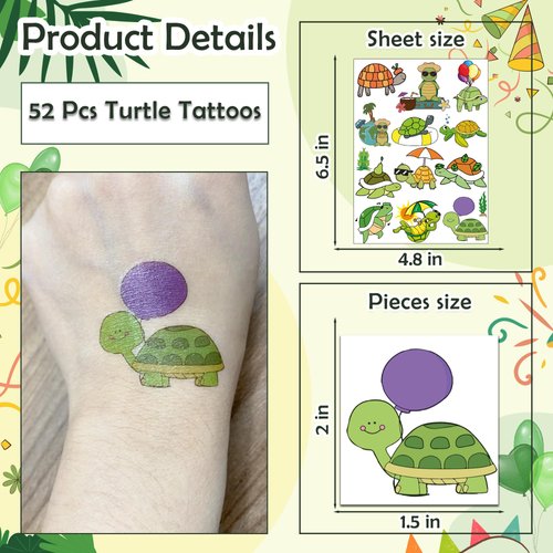 52 PCS Turtle Temporary Tattoos for Party Supplies, Cute Sea Turtle Tattoo Stickers for Birthday Parties, Christmas Tattoos Party Favor, Waterproof Tattoos. (Green(52PCS))