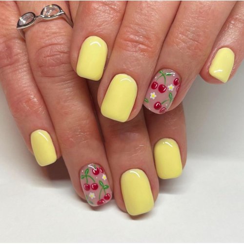 Cherry Press on Nails Short Square Shaped Fake Nails Yellow Glossy False Nails Summer Fully Cover Small Stick on Nails Cute Glue on Nails Reusable Acrylic Nail Kit for Women Manicure 24 Pcs