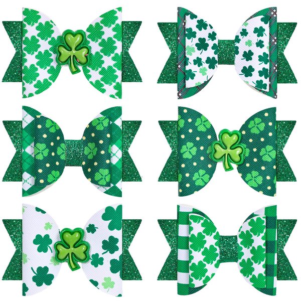 Whaline 6Pcs St. Patrick's Day Hair Bow Clips Glitter Shamrock Leather Bow Hair Pins Green Clover Bow Alligator Hair Barrettes for Toddlers Teens Girls Kids Irish Holiday Party Hair Accessories