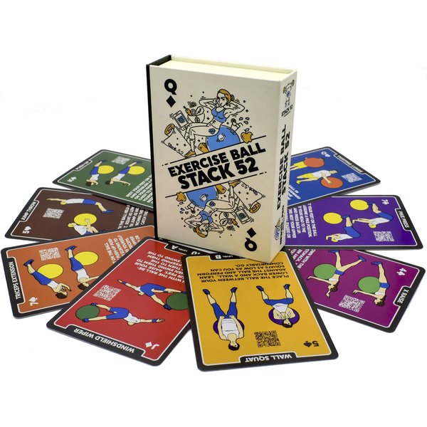 Stack 52 Exercise Ball Fitness Cards. Swiss Ball Workout Playing Card Game. Video Instructions Included. Bodyweight Training Program for Balance and Stability Balls. (2019 Updated Deck)