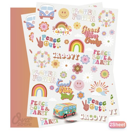 Ovasorve Groovy 70s Temporary Tattoos, 40 Giltter Styles Retro Hippie Party Decorations Flower Power Good Vibes Cute Tattoos Birthday Party Supplies,Two Groovy Party Favors