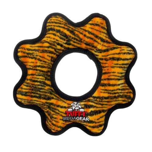 TUFFY - World's Tuffest Soft Dog Toy - MEGA Gear Ring - Squeakers - Multiple Layers. Made Durable, Strong & Tough. Interactive Play (Tug, Toss & Fetch). Machine Washable & Floats. (Tiger 2 Pack)
