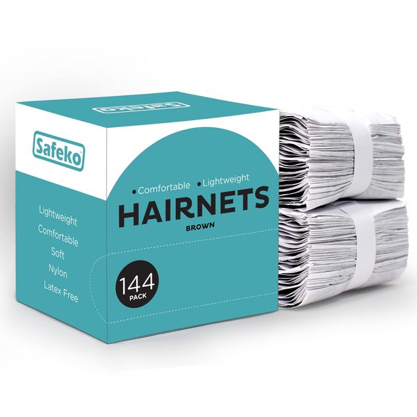 SAFEKO Hair Nets 144 PCS, Individually Wrapped, Lightweight Nylon Hairnets, Latex-Free | Dark Brown, Regular (21")