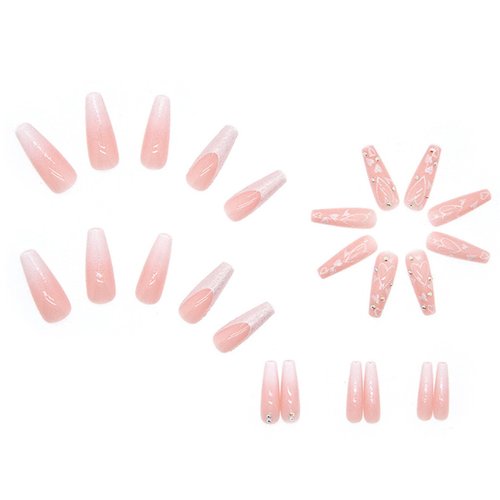 Hkanlre French Pink Press on Nails Coffin Long Heart Fake Nails Flower Full Cover Ballerina Shiny False Nails for Women and Girls 24PCS