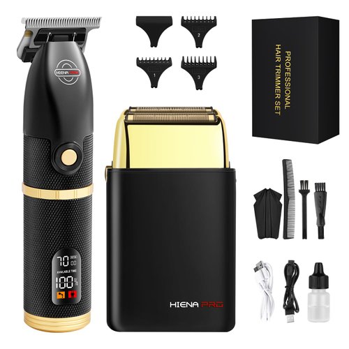 HIENA PRO Hair Trimmers and Foil Shaver for Men Kit,Men Professional Cordless Barbers Hair Clippers with LCD Display,Black Gold Zero Gapped Hair Trimmer, Double Foil Shaver,Gifts for Men