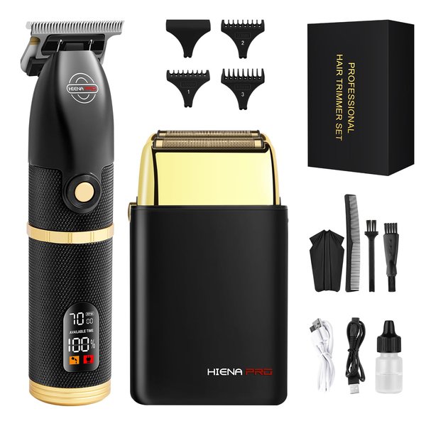 HIENA PRO Hair Trimmers and Foil Shaver for Men Kit,Men Professional Cordless Barbers Hair Clippers with LCD Display,Black Gold Zero Gapped Hair Trimmer, Double Foil Shaver,Gifts for Men