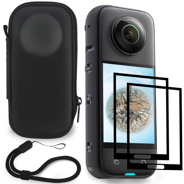 FiTSTILL Black Mini Carrying Hard Shell Travel Storage Case+Screen Protectors Compatible with Insta360x3 Accessories Kit,Easy Installation LCD Tempered Glass 9H Hardness Scratch Resistant