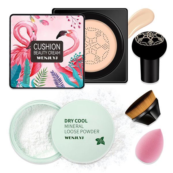 Mushroom Head Air Cushion CC Cream Foundation,Loose Setting Powder Long Lasting Moisturizing Concealer with Makeup Sponge,Full Coverage Foundation Brushes Makeup Base Set（4PCS）