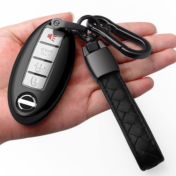 Compatible with Nissan Key Fob Cover with Leather Keychain Soft TPU 360 Degree Protection Key Case for Altima Maxima Rogue Armada Pathfinder Smart Key 3 4 5-Button,Black