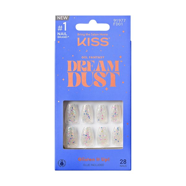 KISS Gel Fantasy Dreamdust, Press-On Nails, Nail glue included, Mood Dust', Light White, Short Size, Coffin Shape, Includes 28 Nails, 2G Glue, 1 Manicure Stick, 1 Mini File